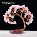 Handmade pink crystal money tree with copper wire on a natural raw stone base - Rose Quartz Phoenix Tail Tree (12 Branches)
