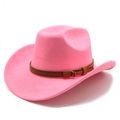 Chapeau de cowboy en daim rose avec bande en cuir marron et boucle en métal - M(56-59CM) / Rouge Pêche (Suède)