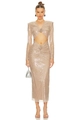 Detail eines champagnerfarbenen Paillettenkleides mit Cut-out und 3D-Blumendekor - L / Aprikose