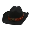 Black wool felt western cowboy hat with brown leather band and bull skull metal buckle - One Size / Black