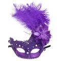 Maschera viola per carnevale con piume alte, fiori a rete e dettagli in pizzo e cristalli - Pizzo Viola