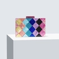 Colorful patchwork acrylic evening clutch bag with marble patterns and glitter accents - Purple