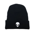 Schwarze Strickmütze mit Alien-Stickerei für Damen und Herren im Winterurlaub - Einheitsgröße / Schwarz/Weißes Icon