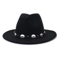 Detail of black wool fedora hat featuring a vintage leather band with silver metal studs - Black