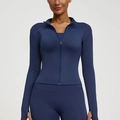 Slim fit navy blue yoga jacket with full zipper and thumb holes for women's fitness - S / Whale Blue