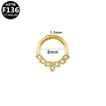 Gold F136 titanium clicker ring with fan-shaped white stones for nose or ear - ASTM F136 Titanium / Gold 7-Diamond Style 1.2x8mm