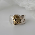 Vintage S925 sterling silver ring featuring a two-tone embossed gold portrait design - Adjustable Open / Antique Thai Silver