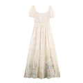 Abito lungo ricamato a fiori stile francese con scollo quadrato e maniche a sbuffo - XS / Bianco latte