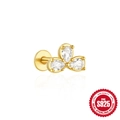 Golden S925 sterling silver three-leaf piercing stud with pear-shaped cubic zirconia stones - Three-leaf Flower Style (Single Gold #2)