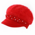 Winter red plush knit beret for women with pearl accents and fluffy faux fur top - One Size / Red (Square Pearl Style)