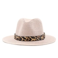 Detailed view of the woven straw texture and leopard print band on the fedora sun hat - Nude Pink