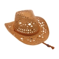 Brown hollow-out woven denim straw hat with twisted cord and adjustable wood bead - One Size / Khaki (Hollow Straw Hat + Rope)
