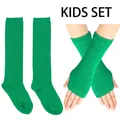 Detail of bright green striped knitted arm warmers and knee socks set for children - Green