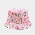 Detailed view of pink cotton bucket hat with colorful unicorn and rainbow cartoon prints - M (56-58cm) / Pink Unicorn Food Magic Print
