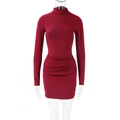 Detailed view of ruched burgundy slim fit dress with stand collar and long sleeves - S / Burgundy