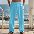 Detail view of sky blue linen pants featuring side button accents and drawstring waist - Sky Blue