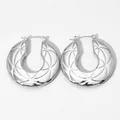 Silver stainless steel open hoop earrings with geometric star-shaped engraved patterns - Geometric Starburst Engraved Style (PDE2278)