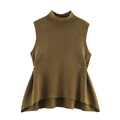 Olive green sleeveless knit top with mock neck and structured peplum hem design - S / Brown