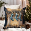 Christmas pillow cover featuring fireplace and stockings on white sofa background - TQDS68-26(Christmas Stockings on Fireplace)