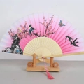 Pink bamboo folding fan with traditional flower and bird painting and silk tassel - White Ribs Style 32