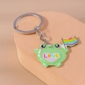 Detail of cute green frog acrylic keychain holding a rainbow flag with LOVE text - Flag Frog
