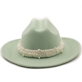 Detail of mint green wool fedora with elegant multi-layered white pearl decorative band - M (56-58cm) / Mint Green
