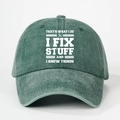 Detailed view of 'I FIX STUFF' print on washed green cotton vintage baseball cap - One Size / Dark Green