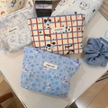 Detail shot of mini cotton makeup bags with cartoon patterns and secure metal zippers - Blue Base Little Rabbit