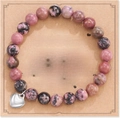 Pink and black natural stone beaded bracelet with silver heart charm on a gift card - Rhodonite + Boyfriend's Mom Card