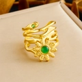 Retro 18k gold plated stainless steel flower ring with green gemstone and matte finish - Green Gemstone Flower Style (R505) / Adjustable Open