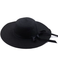 Elegant wide brim black straw hat for women with ribbon bow for summer beach vacation - M (56-58cm) / Black