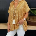 Women's glamorous gold sequin V-neck short sleeve top in a relaxed fit style - S / Deep Gold