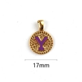 Stainless steel round gold pendant with purple enamel letter Y and beaded edge 17mm - Letter Y