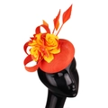 Orange and yellow flower feather fascinator hat on a mannequin head for women - Orange Red