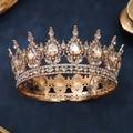 Luxurious gold circular bridal crown with champagne pear-cut rhinestones and crystals - Gold Base Champagne Rhinestone