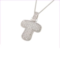 Silver hip hop style initial T pendant with cubic zirconia on a box chain - Silver T