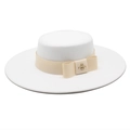 White wool felt flat top boater hat with champagne ribbon and gold bee accent - M (56-58cm) / White