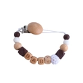 Silicone and beech wood baby pacifier clip chain with BABY letter beads in brown and white - Dark Coffee