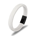 Detailed view of a white braided leather bracelet featuring a black magnetic steel clasp - White Leather/Black Clasp