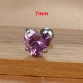 Macro shot of 7mm heart-shaped purple zircon stud earring with stainless steel screw back - 7mm Silver Tone Purple Style (E1611)