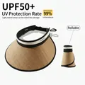 UPF50+ sun visor hat for women with packable straw design and black-white ribbon trim - Headband Straw Visor / Khaki Black Edge