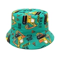 Detailed view of kids mint green fisherman hat with excavator patterns and tidy stitching - Head Circumference 52-54cm / Green