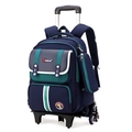 Kids navy school bag set with six-wheel trolley and matching stationery pouch - 6-Wheel Trolley (Stair Climbing) / Dark Blue with Green