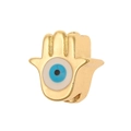 Macro view of 18K gold plated Hamsa Hand charm with blue enamel evil eye detail - Blue