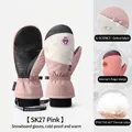Waterproof pink and white winter ski mittens with anti-slip palm and thermal fleece lining - L / SK27 Inner Five-Finger Style / Pink