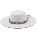Detailed shot of white wool felt flat top hat with colorful ethnic woven decorative band - M (56-58cm) / Pure White