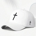 Classic white cotton baseball cap featuring minimalist black cross embroidery designs - One Size / White