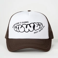 Brown and white trucker hat with EVERYONE embroidery and street style graffiti print - One Size / Coffee