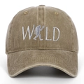 Close-up of khaki washed cotton baseball cap with white WILD Bigfoot embroidery - Adjustable / Khaki