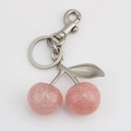 Pink glitter cherry keychain with silver metal leaf and lobster clasp attachment - Pink Cherry with Matte Silver